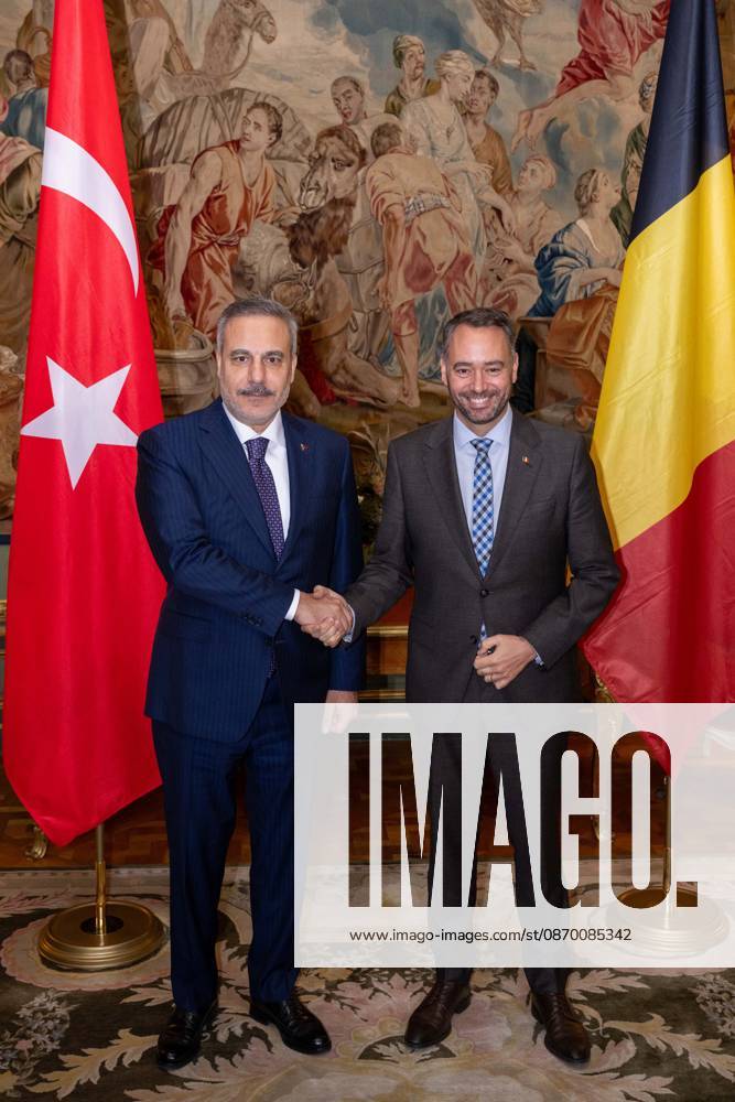 Turkey s Foreign Minister Hakan Fidan and Vice-prime minister and Minister of Foreign Affairs Maxime Prevot pose for the photographer at a meeting of several Federal Minister s with a Turkish delegation, Tuesday 20 October 2026, in Brussels. JONASxROOSENS 190376494