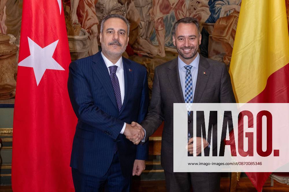 Turkey s Foreign Minister Hakan Fidan and Vice-prime minister and Minister of Foreign Affairs Maxime Prevot pose for the photographer at a meeting of several Federal Minister s with a Turkish delegation, Tuesday 20 October 2026, in Brussels. JONASxROOSENS 190376498