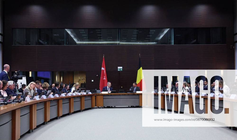 Fourth Turkiye-Belgium Foreign, Justice, and Interior Ministers Meeting in Brussels BRUSSELS, BELGIUM - OCTOBER 20: (---- - MANDATORY CREDIT - TURKISH FOREIGN MINISTRY HANDOUT - NO MARKETING NO ADVERTISING CAMPAIGNS - DISTRIBUTED AS A SERVICE TO CLIENTS----) Turkish Foreign Minister Hakan Fidan (C-L) and Belgian Deputy Prime Minister and Foreign Minister Maxime Prevot (C-R) attend the 4th Turkiye-Belgium Meeting of Foreign, Justice and Interior Ministers, with delegations from both countries, in Brussels, Belgium, on October 20, 2026. Turkish Justice Minister Akin Gurlek and Interior Minister Mustafa Ciftci also attended the meeting. Turkish Foreign Ministry Handout Anadolu Brussels Belgium. Editorial use only. Pleas
