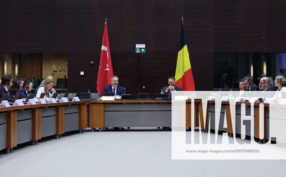 Fourth Turkiye-Belgium Foreign, Justice, and Interior Ministers Meeting in Brussels BRUSSELS, BELGIUM - OCTOBER 20: (---- - MANDATORY CREDIT - TURKISH FOREIGN MINISTRY HANDOUT - NO MARKETING NO ADVERTISING CAMPAIGNS - DISTRIBUTED AS A SERVICE TO CLIENTS----) Turkish Foreign Minister Hakan Fidan (C-L) and Belgian Deputy Prime Minister and Foreign Minister Maxime Prevot (C-R) attend the 4th Turkiye-Belgium Meeting of Foreign, Justice and Interior Ministers, alongside delegations from both countries, in Brussels, Belgium, on October 20, 2026. Turkish Justice Minister Akin Gurlek and Interior Minister Mustafa Ciftci also attended the meeting. Turkish Foreign Ministry Handout Anadolu Brussels Belgium. Editorial use only.