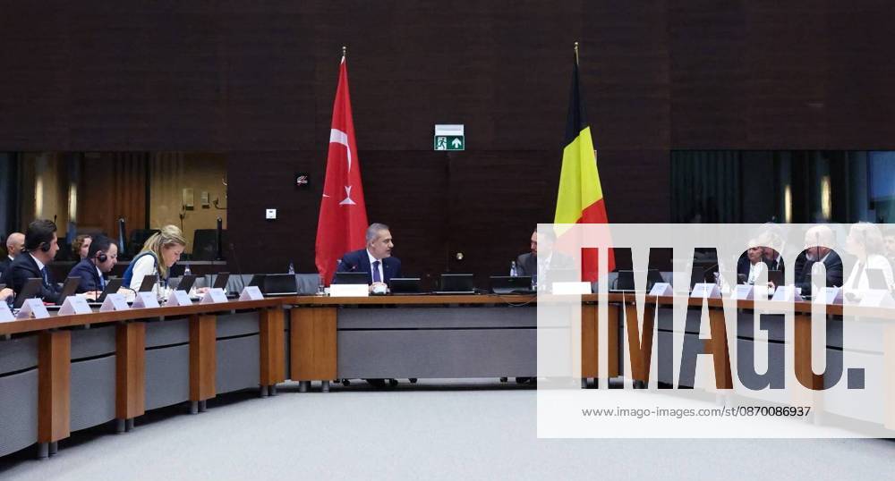 Fourth Turkiye-Belgium Foreign, Justice, and Interior Ministers Meeting in Brussels BRUSSELS, BELGIUM - OCTOBER 20: (---- - MANDATORY CREDIT - TURKISH FOREIGN MINISTRY HANDOUT - NO MARKETING NO ADVERTISING CAMPAIGNS - DISTRIBUTED AS A SERVICE TO CLIENTS----) Turkish Foreign Minister Hakan Fidan (C-L) and Belgian Deputy Prime Minister and Foreign Minister Maxime Prevot (C-R) speak during the 4th Turkiye-Belgium Meeting of Foreign, Justice and Interior Ministers, attended by delegations from both countries, in Brussels, Belgium, on October 20, 2026. Turkish Justice Minister Akin Gurlek and Interior Minister Mustafa Ciftci also attended the meeting. Turkish Foreign Ministry Handout Anadolu Brussels Belgium. Editorial us