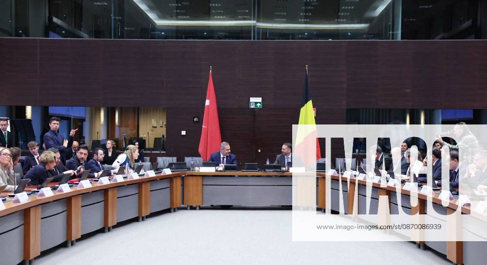 Fourth Turkiye-Belgium Foreign, Justice, and Interior Ministers Meeting in Brussels BRUSSELS, BELGIUM - OCTOBER 20: (---- - MANDATORY CREDIT - TURKISH FOREIGN MINISTRY HANDOUT - NO MARKETING NO ADVERTISING CAMPAIGNS - DISTRIBUTED AS A SERVICE TO CLIENTS----) Turkish Foreign Minister Hakan Fidan (C-L) and Belgian Deputy Prime Minister and Foreign Minister Maxime Prevot (C-R) speak during the 4th Turkiye-Belgium Meeting of Foreign, Justice and Interior Ministers, attended by delegations from both countries, in Brussels, Belgium, on October 20, 2026. Turkish Justice Minister Akin Gurlek and Interior Minister Mustafa Ciftci also attended the meeting. Turkish Foreign Ministry Handout Anadolu Brussels Belgium. Editorial us
