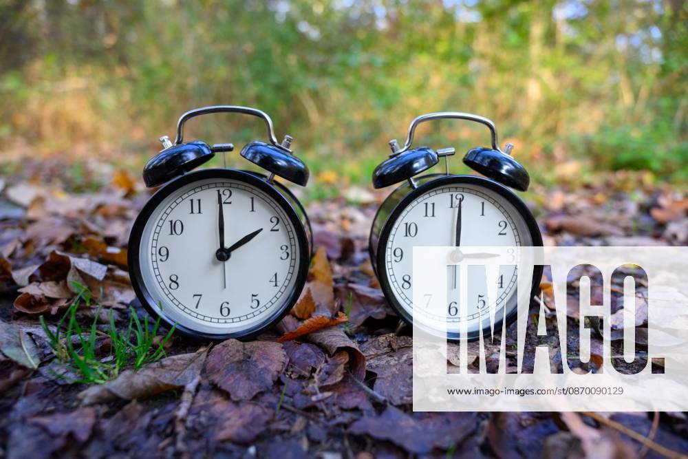 Two alarm clocks among the fall leaves show two and three o clock, Speyer, Germany, October 20, 2026. Two black alarm clocks with bells stand on fall leaves; one shows two o clock, the other three o clock. Symbolic image for the time change.