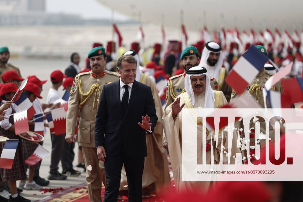 President Macron Visits Bahrain Bahrain s King Hamad bin Isa Al Khalifa welcomes French President Emmanuel Macron upon his arrival at Sakhir Air Base, in Manama, Bahrain, October 20, 2026. Photo by Benoit Tessier Pool ABACAPRESS.COM Manama Bahrain
