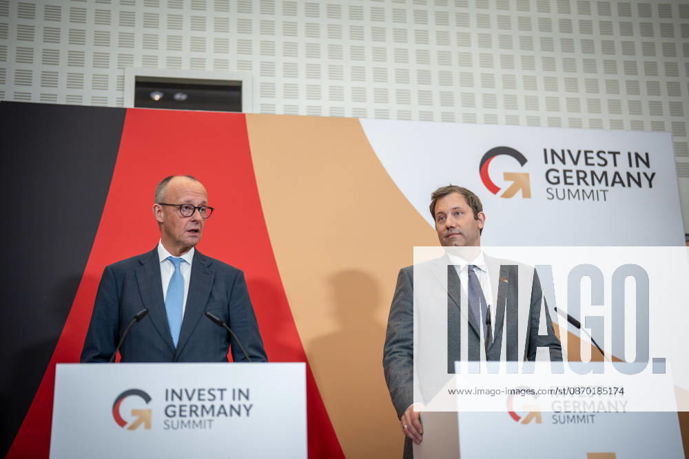 Chancellor Friedrich Merz with Federal Minister of Finance Lars Klingbeil (from left) during his closing remarks at the Invest in Germany Summit 2026 at the ESMT European School of Management and Technology in Berlin, Berlin, Germany; ESMT Berlin