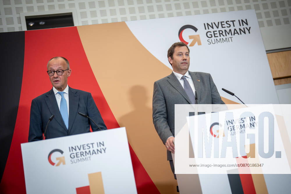 Chancellor Friedrich Merz with Federal Minister of Finance Lars Klingbeil (from left) during his closing remarks at the Invest in Germany Summit 2026 at the ESMT European School of Management and Technology in Berlin, Berlin, Germany; ESMT Berlin