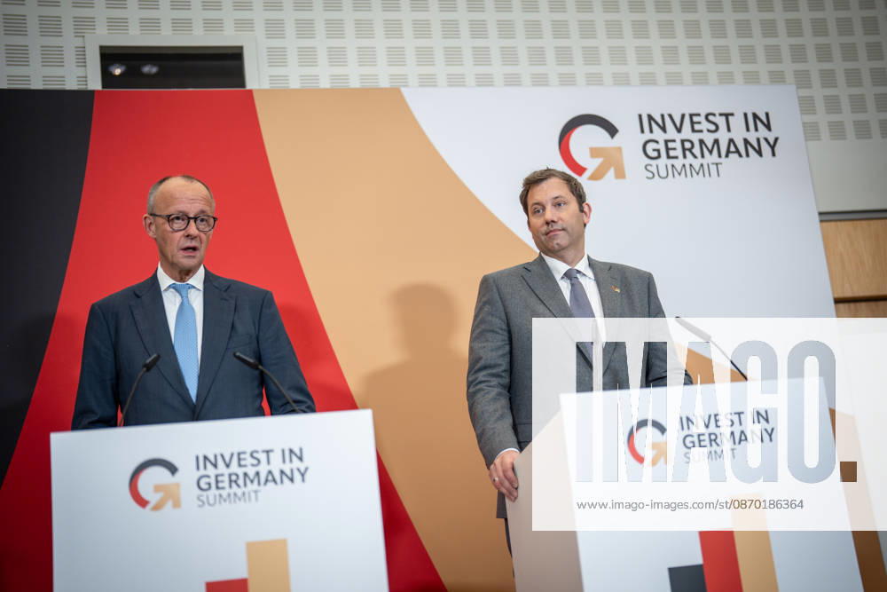 Chancellor Friedrich Merz with Federal Minister of Finance Lars Klingbeil (from left) during his closing remarks at the Invest in Germany Summit 2026 at the ESMT European School of Management and Technology in Berlin, Berlin, Germany; ESMT Berlin
