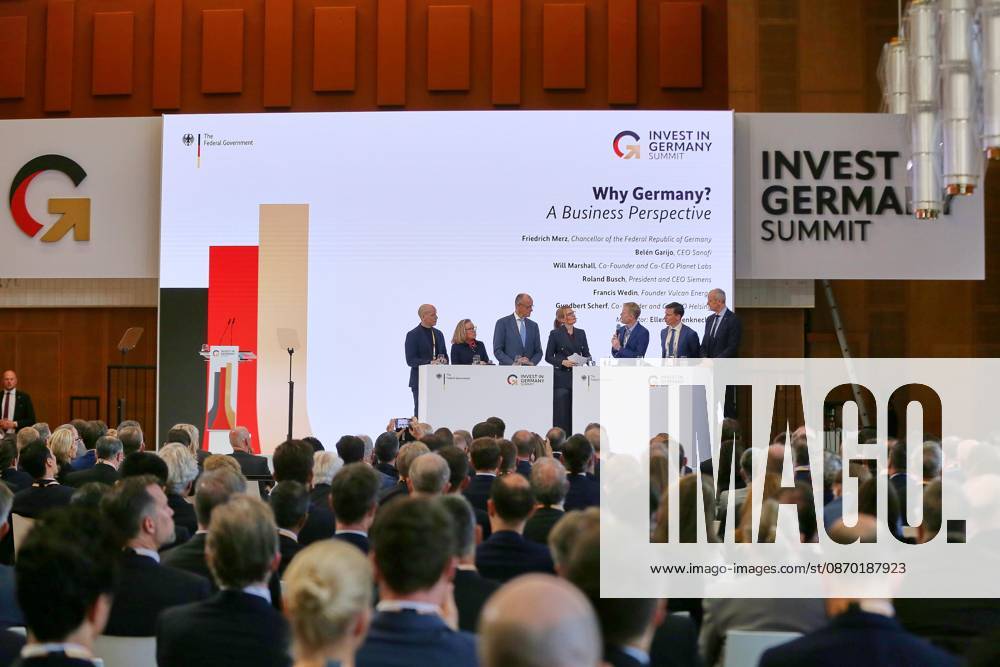 ESMT Invest in Germany Summit Discussion featuring, among others, Gundbert Scherf (Helsing), Belén Garijo (Sanofi), Federal Chancellor Friedrich Merz (CDU), Will Marshall (Planet Labs), Francis Wedin (Vulcan Energy), and Roland Busch (Siemens)