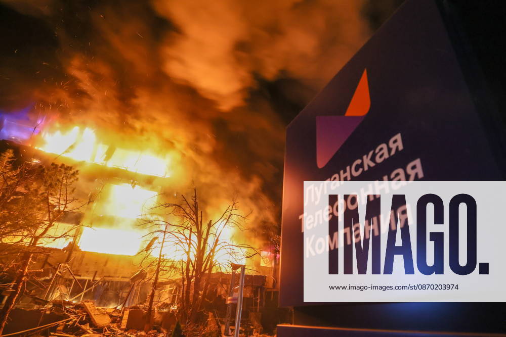 RUSSIA, LUGANSK - OCTOBER 21, 2026: A fire breaks out after a Ukrainian drone strike on a communication hub. Alexander Reka TASS 99700342