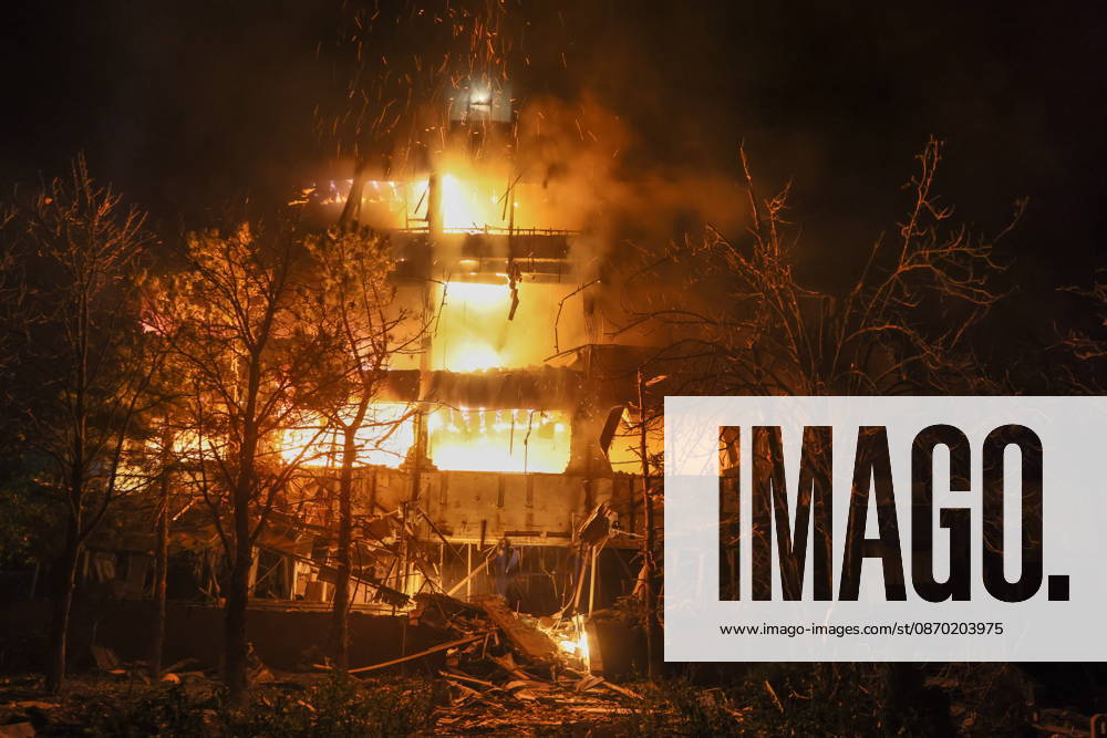 RUSSIA, LUGANSK - OCTOBER 21, 2026: A fire breaks out after a Ukrainian drone strike on a communication hub. Alexander Reka TASS 99700440