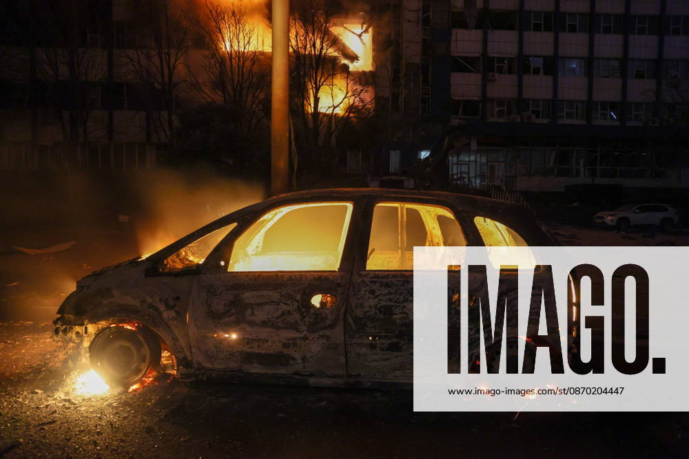 RUSSIA, LUGANSK - OCTOBER 21, 2026: The burnt wreckage of a car remains after a Ukrainian drone strike on a communication hub. Alexander Reka TASS 99700445