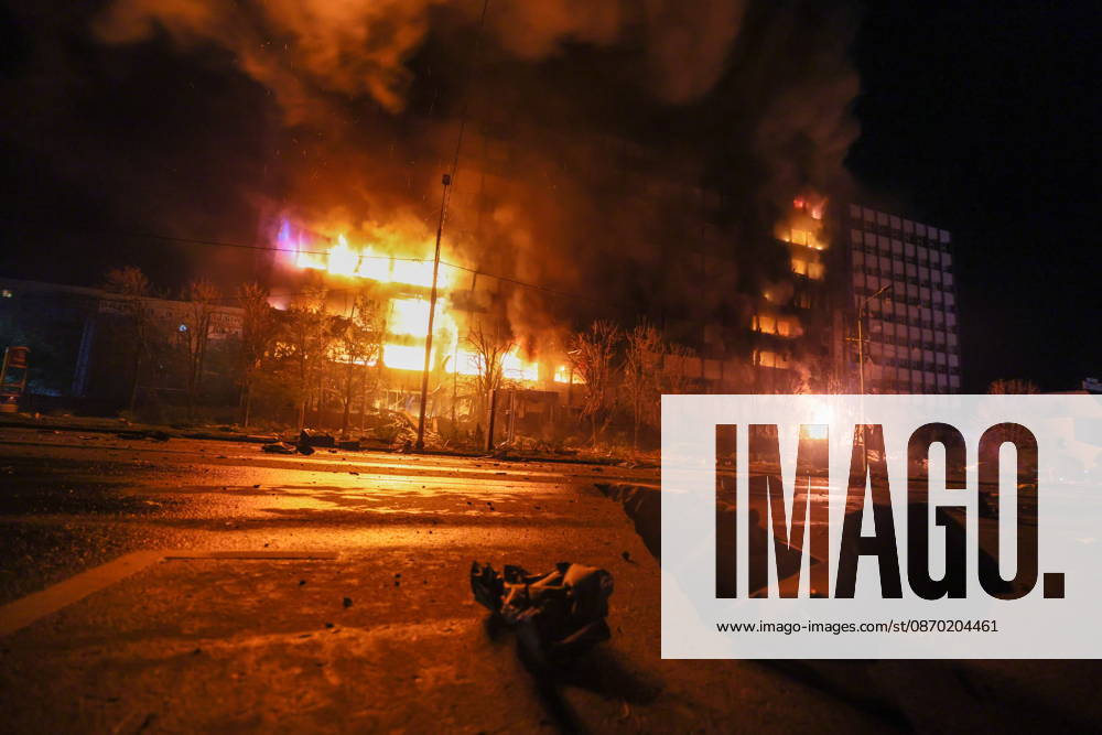 RUSSIA, LUGANSK - OCTOBER 21, 2026: A fire breaks out after a Ukrainian drone strike on a communication hub. Alexander Reka TASS 99700462