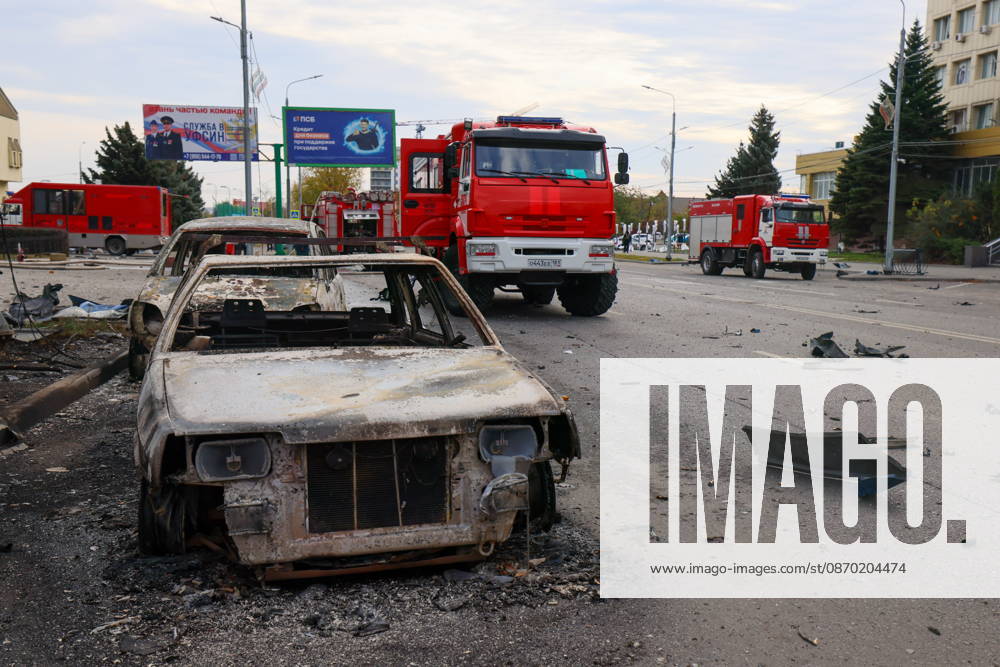 RUSSIA, LUGANSK - OCTOBER 21, 2026: The burnt wreckages of cars remain after a Ukrainian drone strike on a communication hub. Alexander Reka TASS 99700482