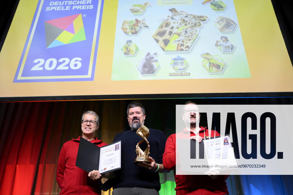 Winner of the Game Category, 1st Place: Artengarten Verlag Feuerland, Author: Mathias Wigge; with the award (from left to right): Christof Tisch, Verlag Feuerland, Graphic Design; Author: Mathias Wigge, Stephan Rink, Feuerland Publishing, Managing Director; German Game Award Ceremony, press conference on October 21, 2026; SPIEL Essen trade fair from October 22–25, 2026