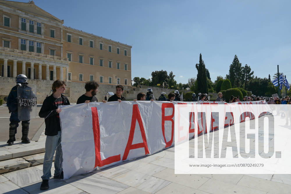 Students and teachers protest over education funding and living costs in Athens Participants hold a banner outside the Greek Parliament during a demonstration by teachers and students demanding increased funding for public education and measures to address rising living costs. Athens Greece
