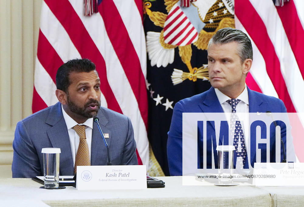 FBI Director Kash Patel ?speaks as Defense Secretary ?Pete Hegseth (R) listens during a roundtable discussion on cybercrime in the East Room of the White House in Washington, DC on Wednesday, October 21, 2026. The discussion focuses on combatting foreign-based organized crime targeting Americans online and federal seizures of fraudulent crypto and scam websites. WAP20261021919 BONNIExCASH