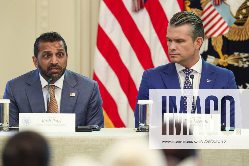 FBI Director Kash Patel speaks as Defense Secretary â Pete Hegseth listens during a roundtable discussion on cybercrime in the East Room of the White House in Washington DC on Wednesday, October 21, 2026. WAX20261021909 SamuelxCorum