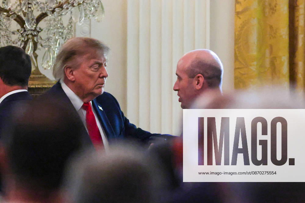 President Donald Trump and Stephen Miller speak during a roundtable discussion on cybercrime in the East Room of the White House on Wednesday, October 21, 2026 in Washington, DC. The administration is fighting back against foreign-based organized criminal organizations that exploit Americans in cyberspace and their scam centers and fraud schemes. WAX20261021816 SamuelxCorum