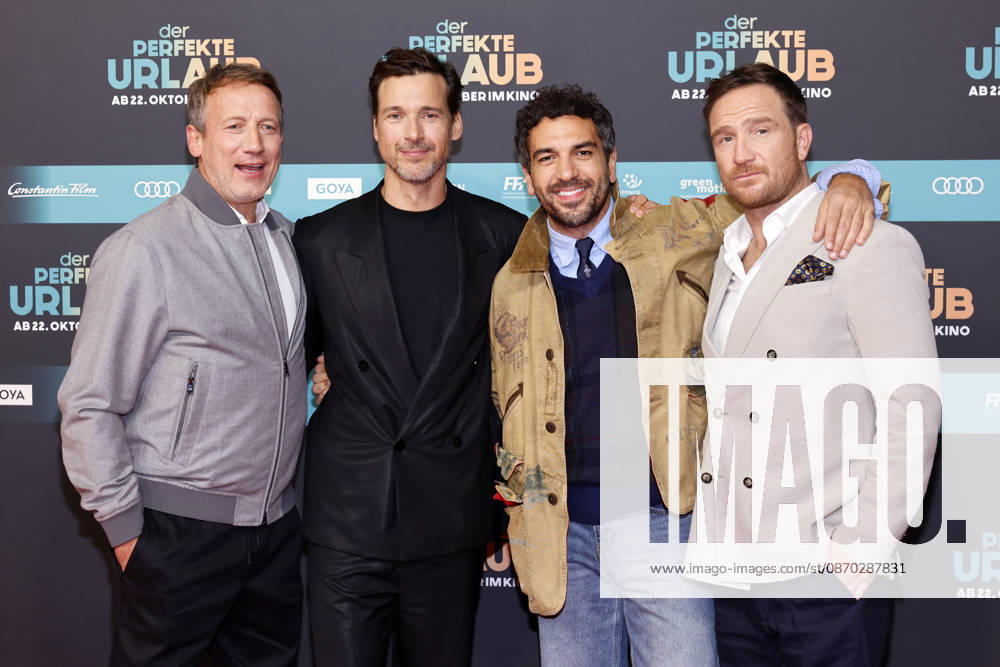 Actors Wotan Wilke Möhring, Florian David Fitz, Elyas M. Barek, and Frederick Lau at the North Rhine-Westphalia premiere of the movie *The Perfect Vacation* at Cinedom in Cologne, October 21, 2026, North Rhine-Westphalia, Germany