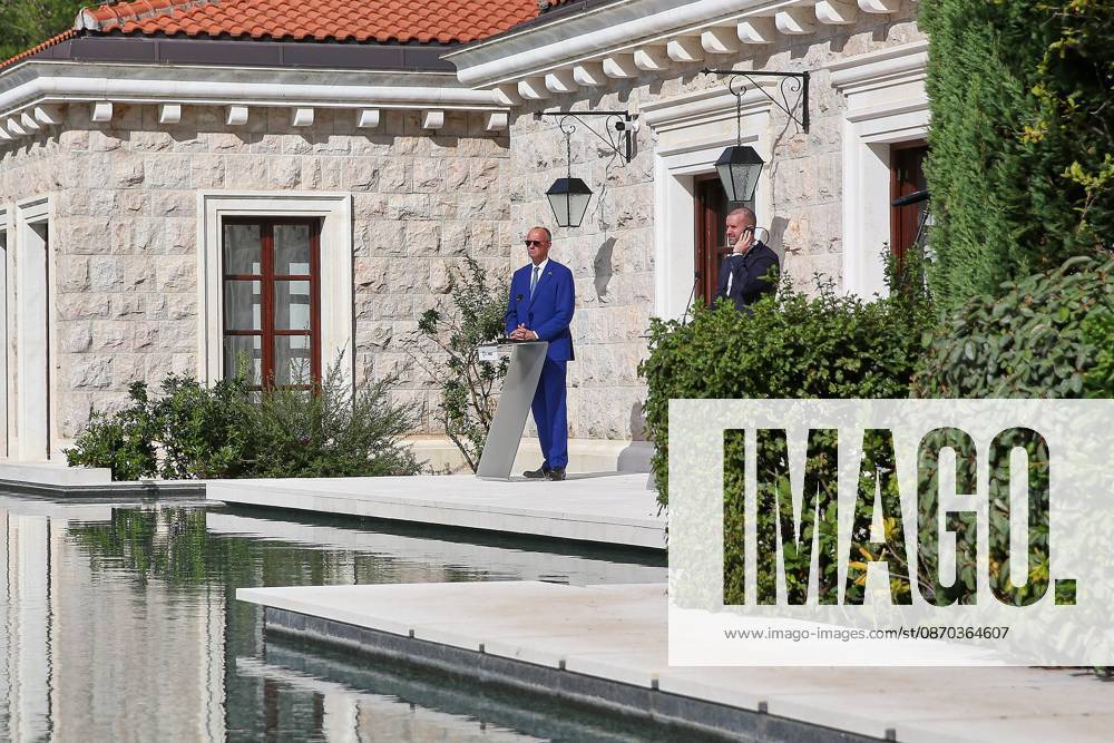 Sveti Stefan, Montenegro, October 22, 2026—The Chancellor’s trip abroad for the Berlin Process Summit; press conference with Federal Chancellor Friedrich Merz (CDU) and the Prime Minister of Montenegro, Milojko Spajic