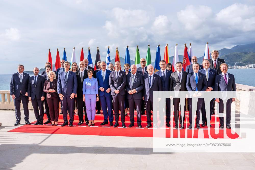Sveti Stefan, Montenegro, October 22, 2026: The Chancellor’s Trip Abroad to the Berlin Process Summit. German Chancellor Friedrich Merz (CDU) and other participants in a group photo. Those announced to attend included Milojko Spajic, Duro Macut, Edi Rama, Albin Kurti, Hri