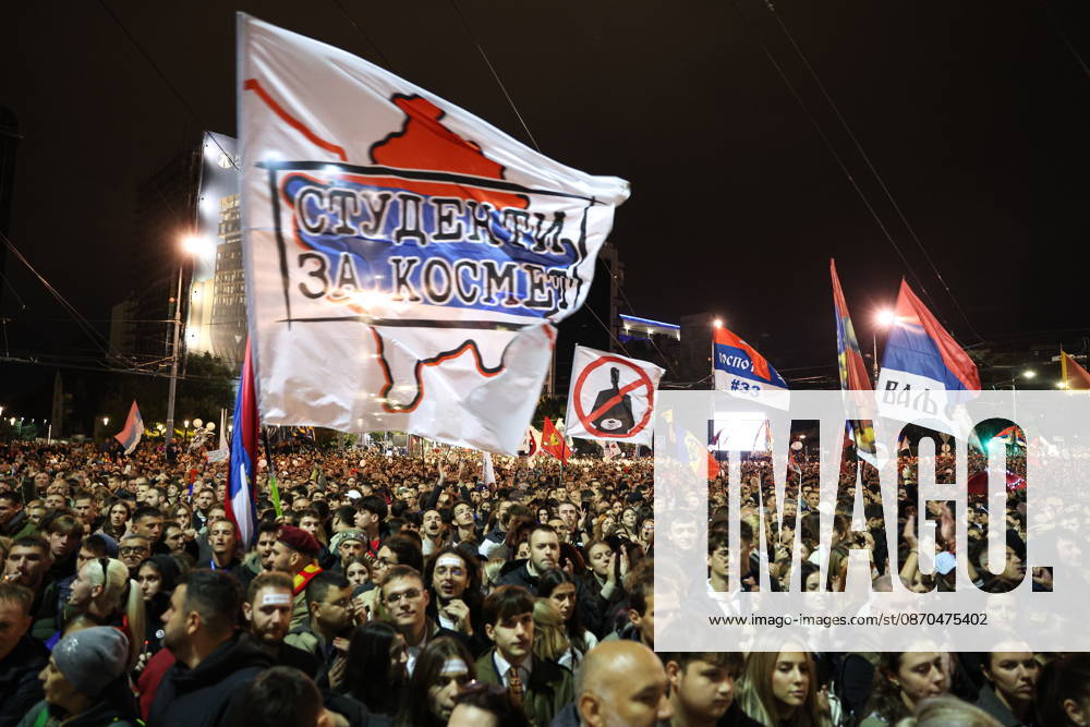 SERBIA, BELGRADE - OCTOBER 22, 2026: Flags fly during a rally held by the Student List movement ahead of the 2026 Serbian parliamentary election scheduled for October 25. Alexander Ryumin TASS 99800643