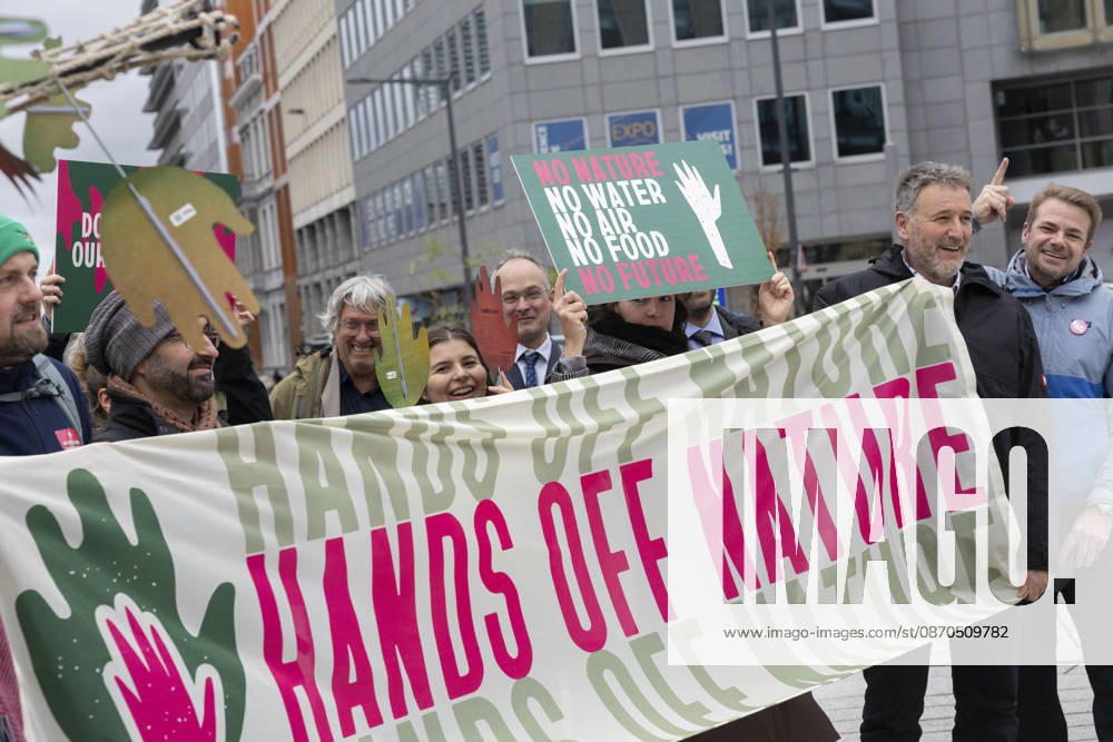 Hands off Nature Brussels, 23 10 2026 : Manifestation , Hands off Nature in the presence of Commissioner Jessika Roswall. Credit : Content Curation . Brussels Belgium