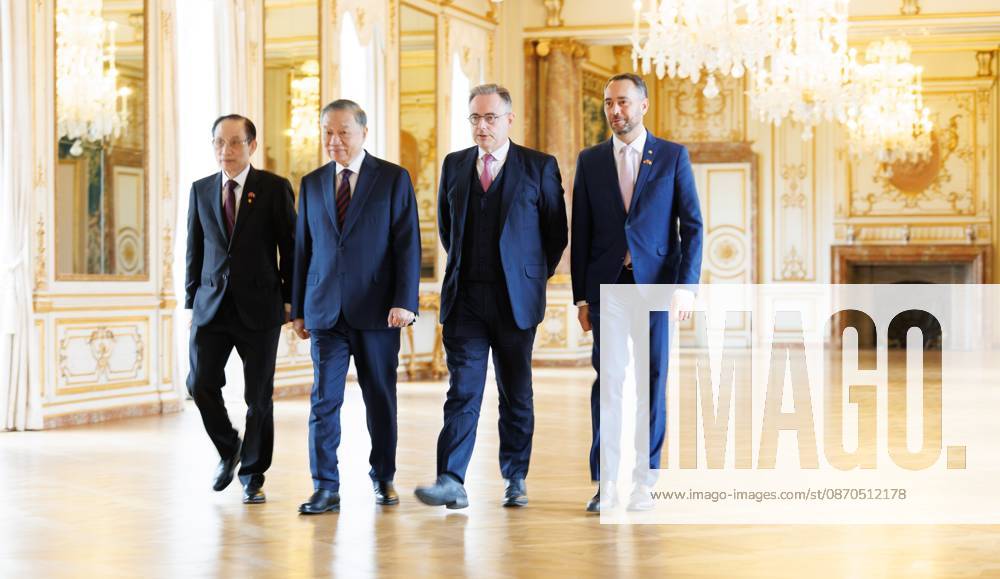 Vietnamese Foreign Minister Le Hoai Trung, Vietnam President To Lam; Belgian Prime Minister Bart De Wever and Vice-prime minister and Minister of Foreign Affairs Maxime Prevot pictured ahead of a meeting at the Egmont Palace, in Brussels, on Friday 23 October 2026. The President of Vietnam and his wife visit Belgium from 21 to 24 October. BENOITxDOPPAGNE 190742442