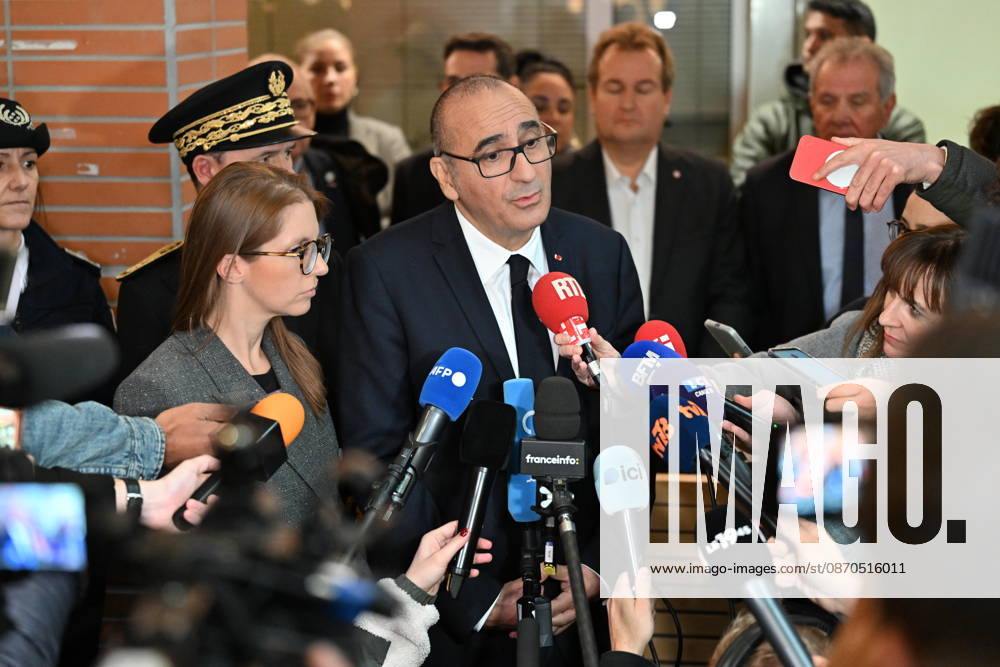 Deadly drive-by shooting attack in Paris suburb of Trappes TRAPPES, FRANCE - OCTOBER 23: France s Interior Minister Laurent Nunez (R) and France s junior Minister in charge of equality Aurore Berge (L) speak to the press members following a shooting killing at least one person and injuring four others according to police sources, in Trappes, Paris suburb, France on October 23, 2026. Mustafa Yalcin Anadolu Trappes France. Editorial use only. Please get in touch for any other usage.