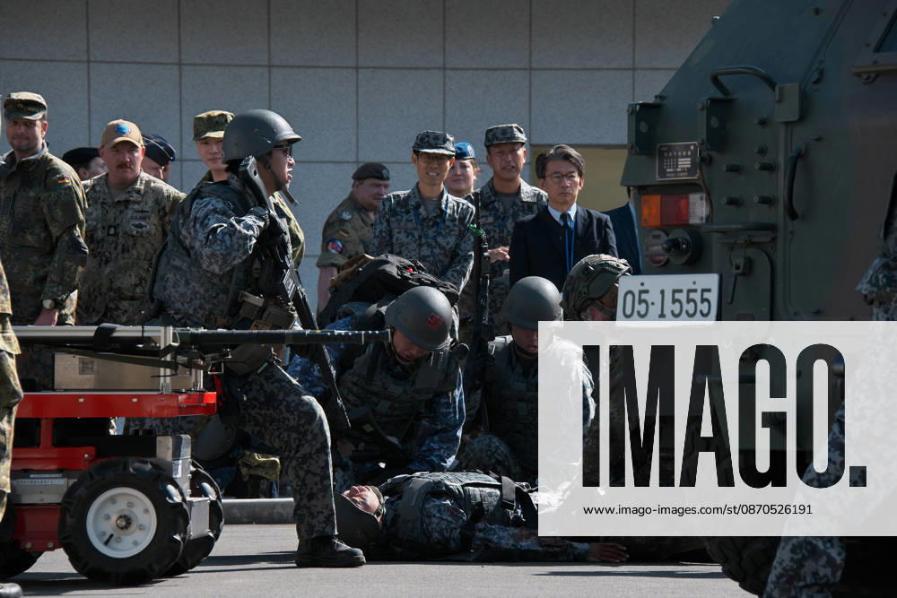 Members of Japan Self-Defense Forces and German Military take part in the joint medical training during the Japan and U.S. military exercise Keen Sword 27 at Iruma Air Base in Saitama-Prefecture, Japan on Friday, October 23, 2026. Japan Self-Defense Forces, U.S. Military, and partner forces will hold the exercise Keen Sword 27 from October 19th to 29th in Japan. Approximately JSDF(Japan Self-Defense Forces) 45,000 personnel, U.S. troops 11,000, and forces from Australia, Canada, France, Germany, the Netherlands, New Zealand, and the Philippines participating with observers from the Republic of Korea and the United Kingdom. TKP2026102320 KEIZOxMORI