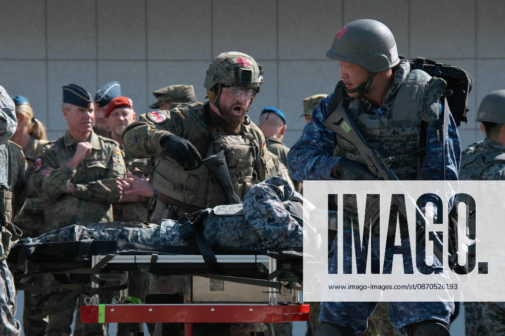 Members of Japan Self-Defense Forces and German Military take part in the joint medical training during the Japan and U.S. military exercise Keen Sword 27 at Iruma Air Base in Saitama-Prefecture, Japan on Friday, October 23, 2026. Japan Self-Defense Forces, U.S. Military, and partner forces will hold the exercise Keen Sword 27 from October 19th to 29th in Japan. Approximately JSDF(Japan Self-Defense Forces) 45,000 personnel, U.S. troops 11,000, and forces from Australia, Canada, France, Germany, the Netherlands, New Zealand, and the Philippines participating with observers from the Republic of Korea and the United Kingdom. TKP2026102321 KEIZOxMORI