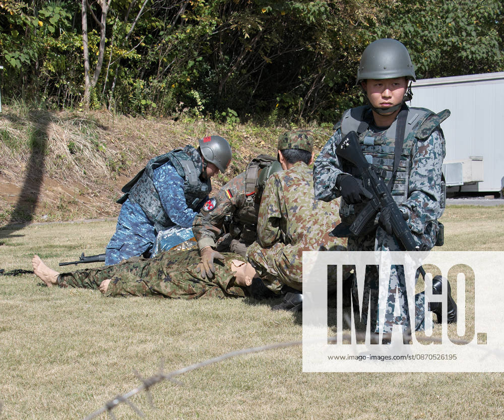 Members of Japan Self-Defense Forces and German Military take part in the joint medical training during the Japan and U.S. military exercise Keen Sword 27 at Iruma Air Base in Saitama-Prefecture, Japan on Friday, October 23, 2026. Japan Self-Defense Forces, U.S. Military, and partner forces will hold the exercise Keen Sword 27 from October 19th to 29th in Japan. Approximately JSDF(Japan Self-Defense Forces) 45,000 personnel, U.S. troops 11,000, and forces from Australia, Canada, France, Germany, the Netherlands, New Zealand, and the Philippines participating with observers from the Republic of Korea and the United Kingdom. TKP2026102323 KEIZOxMORI