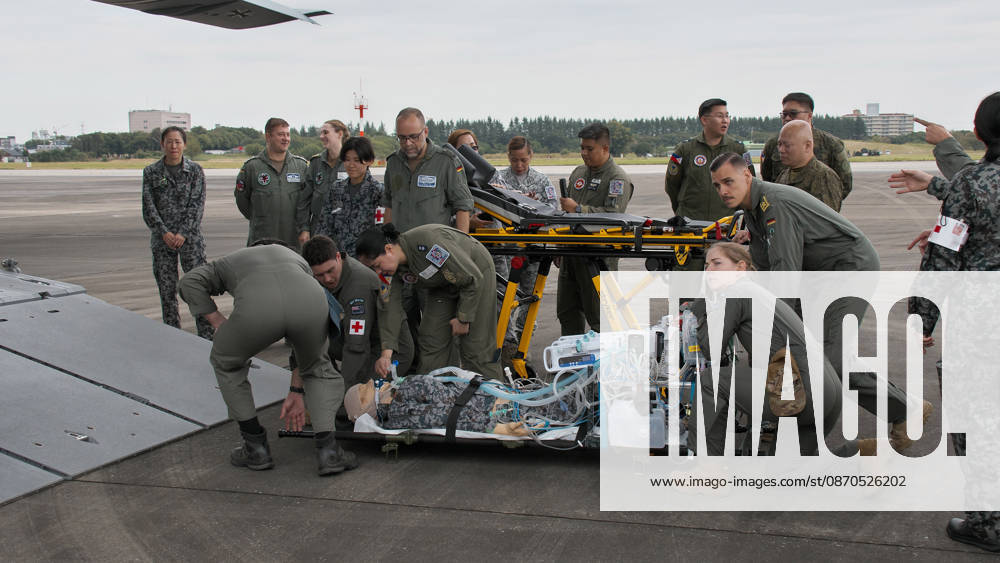 Members of Japan Self-Defense Forces and German Military take part in the joint medical training during the Japan and U.S. military exercise Keen Sword 27 at Iruma Air Base in Saitama-Prefecture, Japan on Friday, October 23, 2026. Japan Self-Defense Forces, U.S. Military, and partner forces will hold the exercise Keen Sword 27 from October 19th to 29th in Japan. Approximately JSDF(Japan Self-Defense Forces) 45,000 personnel, U.S. troops 11,000, and forces from Australia, Canada, France, Germany, the Netherlands, New Zealand, and the Philippines participating with observers from the Republic of Korea and the United Kingdom. TKP2026102331 KEIZOxMORI