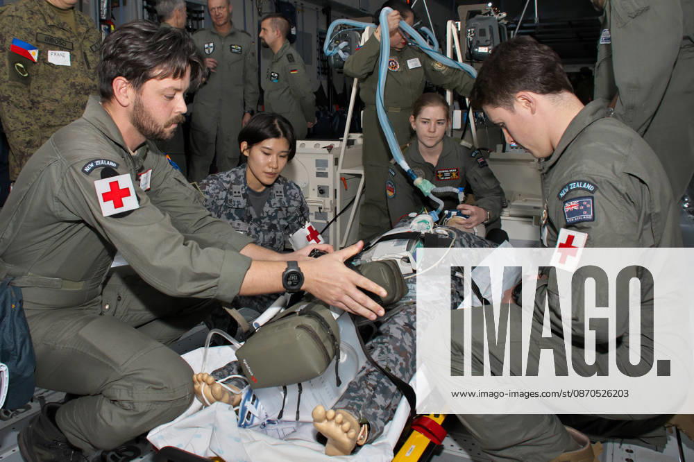 Members of Japan Self-Defense Forces and German Military take part in the joint medical training aboard the German Air Force transport aircraft A400M Atlas during the Japan and U.S. military exercise Keen Sword 27 at Iruma Air Base in Saitama-Prefecture, Japan on Friday, October 23, 2026. TKP2026102332 KEIZOxMORI