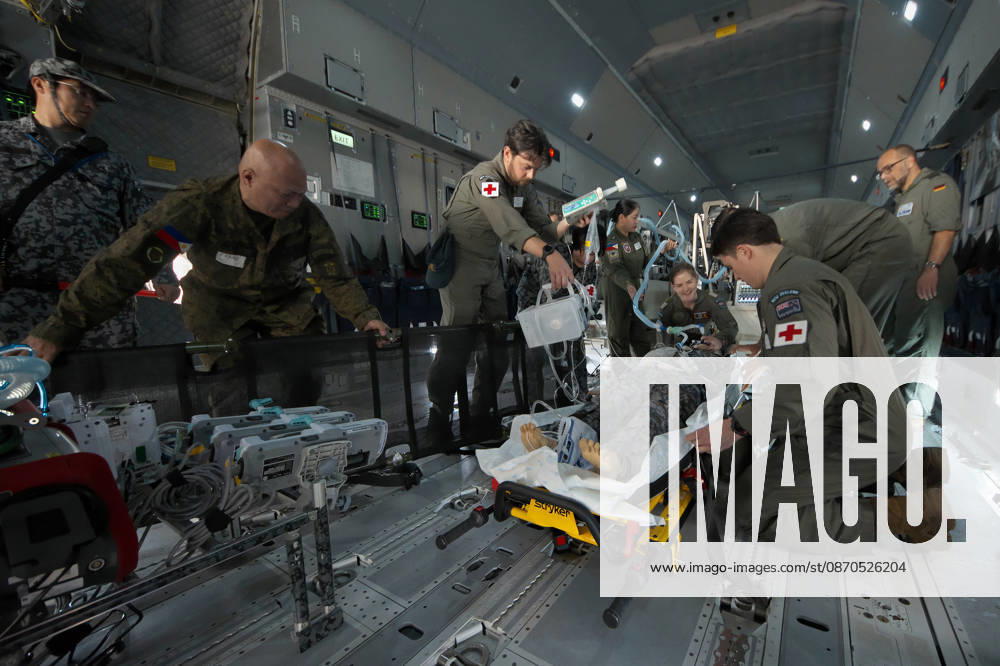 Members of Japan Self-Defense Forces and German Military take part in the joint medical training aboard the German Air Force transport aircraft A400M Atlas during the Japan and U.S. military exercise Keen Sword 27 at Iruma Air Base in Saitama-Prefecture, Japan on Friday, October 23, 2026. TKP2026102333 KEIZOxMORI