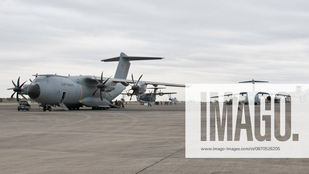 The German Air Force transport aircraft A400M Atlas, JASDF s transport aircraft Kawasaki C-2 and JMSDF s air-sea rescue amphibian Shin Maywa US-2 are seen parked to take part in the Japan and U.S. military exercise Keen Sword 27 at Iruma Air Base in Saitama-Prefecture, Japan on Friday, October 23, 2026. TKP2026102334 KEIZOxMORI