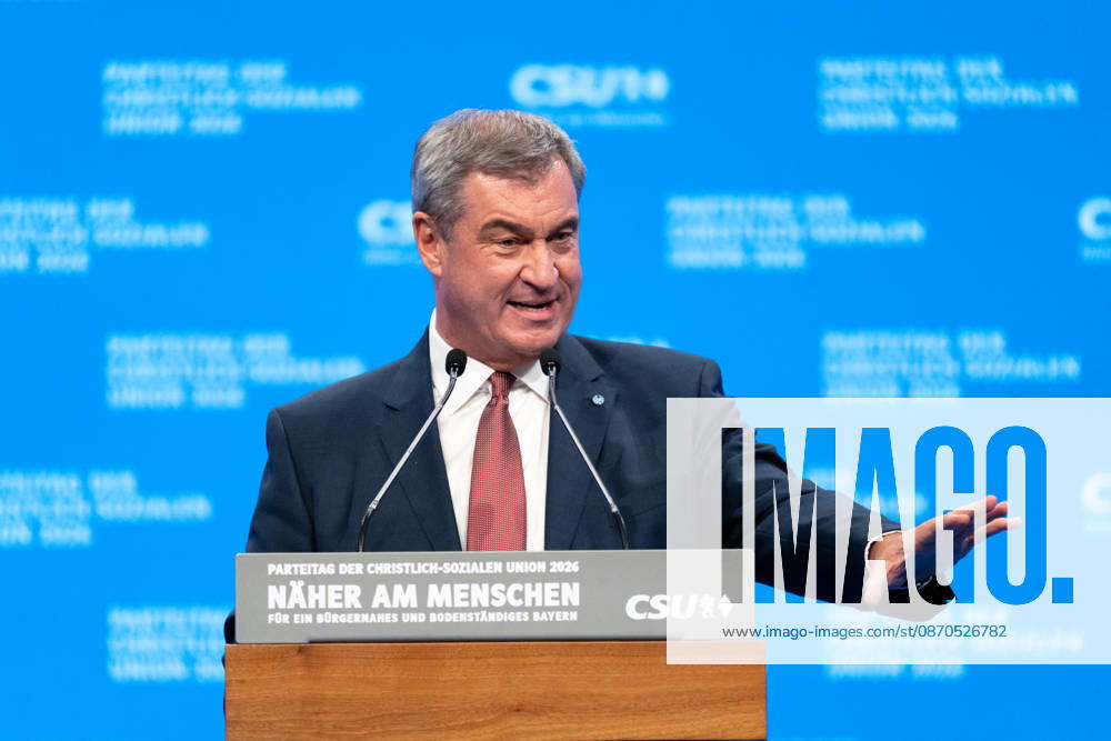 Munich, Bavaria, Germany October 23, 2026: The 2026 party convention of the CSU (Christian Social Union) at the Munich Trade Fair Center. Minister President Dr. Markus Söder delivers a speech on stage