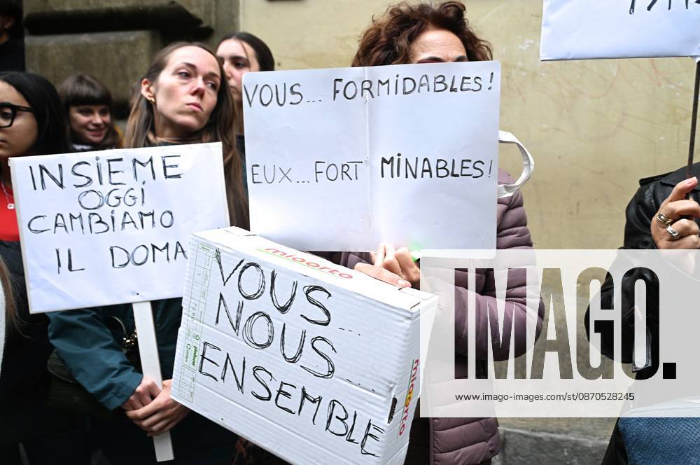 In front of the Machiavelli High School on Via Santo Spirito, a group of teachers held an open lesson on the street with megaphones and signs, addressing students leaning out of their windows and standing in front of the occupied school s door. Florence, October 23, 2026 Florence Italy - ZUMAa289 20261023_zia_a289_113