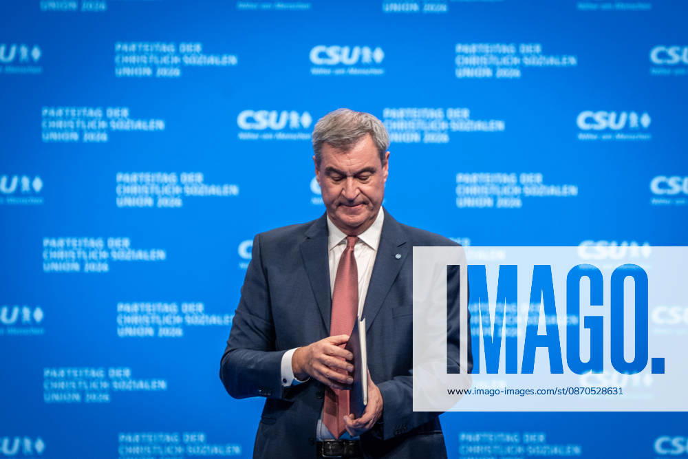 Markus Söder, CSU party chairman and Minister-President of Bavaria, holding the script for his speech on stage at the party convention after delivering his speech; CSU party convention in Munich, Munich, Bavaria, Germany; Munich Trade Fair Grounds
