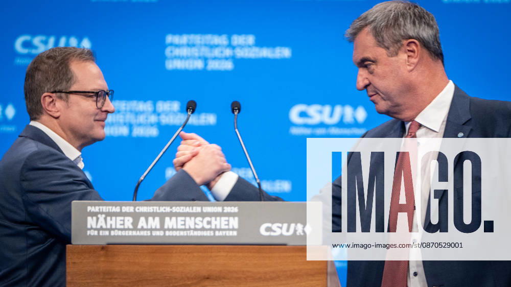 Markus Söder, CSU party chairman and Minister-President of Bavaria, at the party convention, after his speech, with Secretary-General Martin Huber on the left in the photo. CSU party convention in Munich, Munich, Bavaria, Germany, Munich Trade Fair Grounds