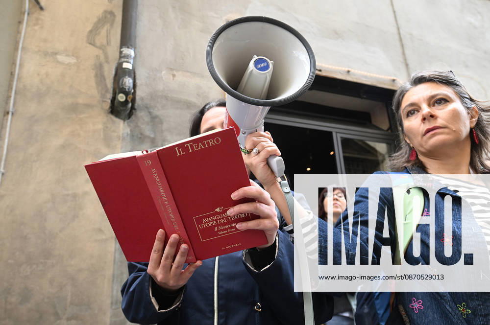 In front of the Machiavelli High School on Via Santo Spirito, a group of teachers held an open lesson on the street with megaphones and signs, addressing students leaning out of their windows and standing in front of the occupied school s door. Florence, October 23, 2026 Florence Italy - ZUMAa289 20261023_zia_a289_130