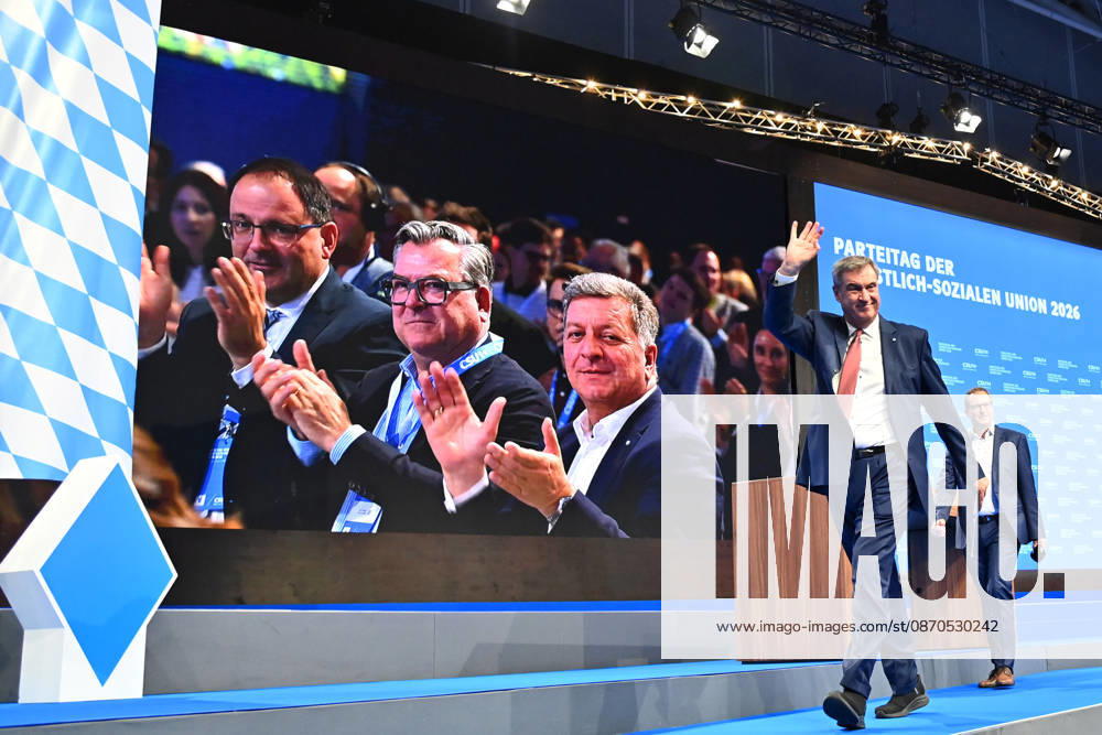 Markus SOEDER, Minister-President of Bavaria and CSU Chairman, after his speech, accepting the applause, waving to the delegates; with Martin HUBER, Secretary General of the CSU; CSU Party Convention 2026 on October 23 and 24, 2026, at the Munich Trade Fair