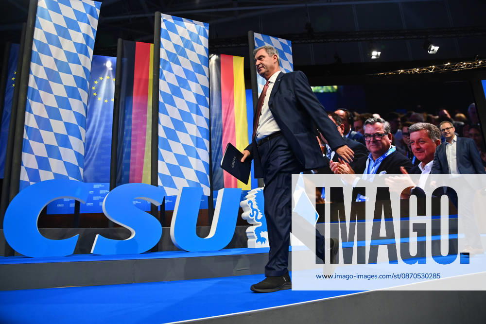 Markus SOEDER, Minister-President of Bavaria and CSU Chairman, after his speech, accepts the applause,exits the podium in front of the CSU logo. Photo by Martin HUBER, Secretary General of the CSU. CSU Party Convention 2026 on October 23 and 24, 2026, at the Munich Trade Fair Grounds.