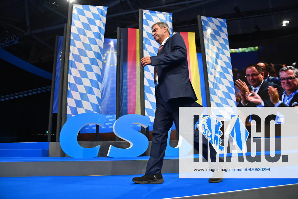 Markus SOEDER, Minister-President of Bavaria and CSU Chairman, after his speech, accepts congratulations, exits, leaves the podium in front of the CSU logo. CSU Party Convention 2026 on October 23 and 24, 2026, at the Munich Trade Fair Grounds.