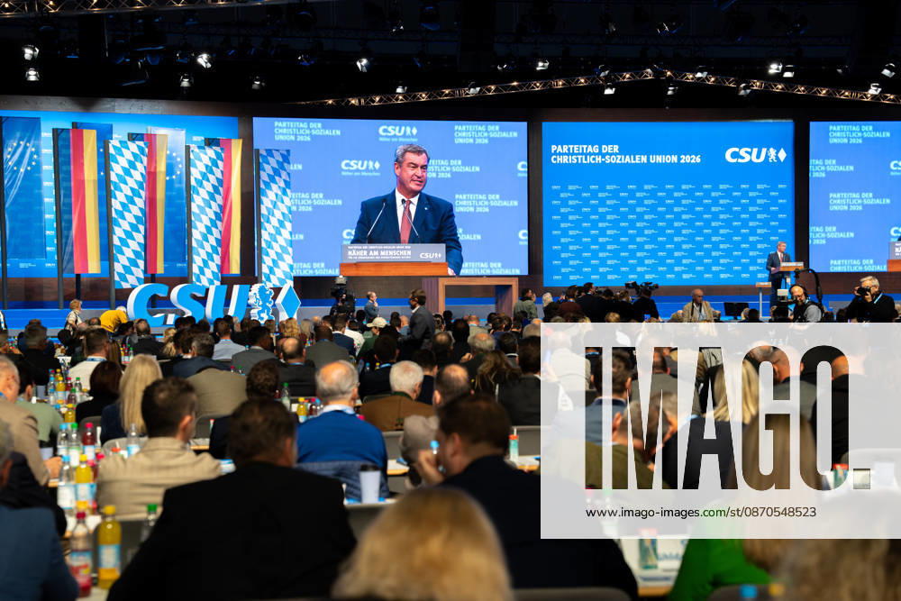 Munich, Bavaria, Germany October 23, 2026: The 2026 convention of the CSU (Christian Social Union) at the Munich Trade Fair Center. A view of the exhibition hall while Minister President Dr. Markus Söder speaks on stage
