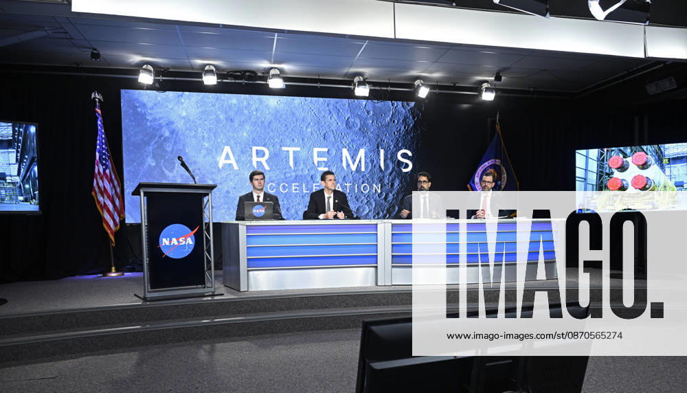 NASA Deputy Press Secretary George Alderman, NASA Administrator Jared Isaacman, NASA Associate Administrator Amit Kshatriya and NASA Artemis Program Manager Jeremy Parsons participate in a press briefing at the Kennedy Space Center on Friday October 23, 2026. NASA is providing an update on the acceleration of the Artemis Program as they continue to prepare for returning crewed missions to the moon. KSP202610230010 JOExMARINO