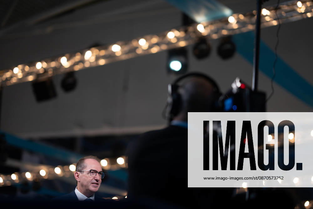 Federal Minister of the Interior Alexander Dobrindt gives a TV interview at the CSU party convention in Munich, Munich, Bavaria, Germany, at the Munich Trade Fair Grounds