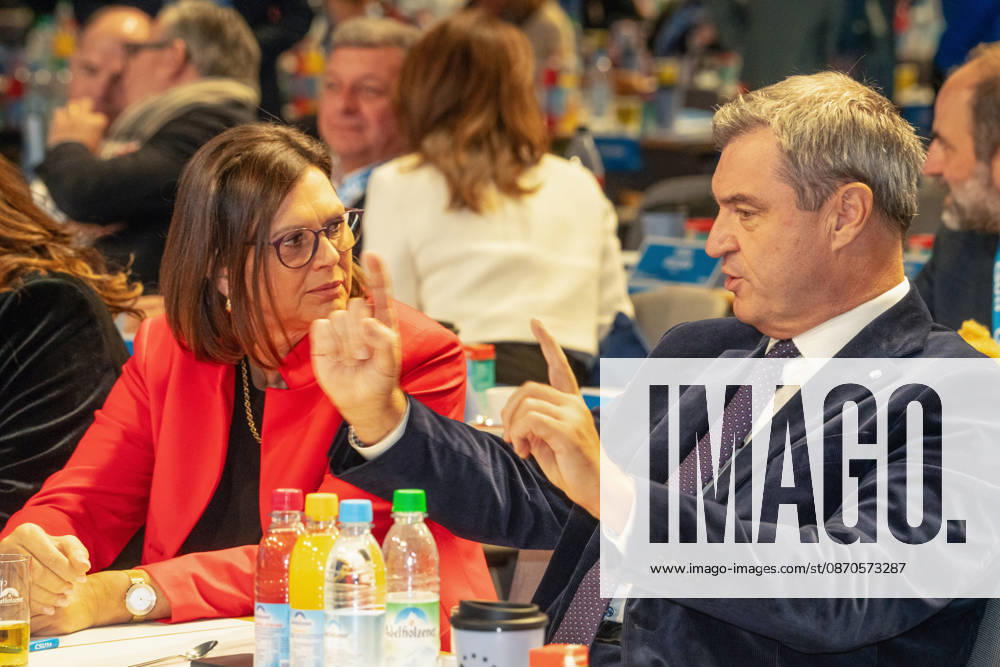 Markus Söder, Minister-President of Bavaria, in conversation with Ilse Aigner, President of the State Parliament and potential next Federal President, at the CSU Party Convention, Messe München, October 24, 2026; Munich, Germany, October 24, 2026, Markus Söder, Ministe