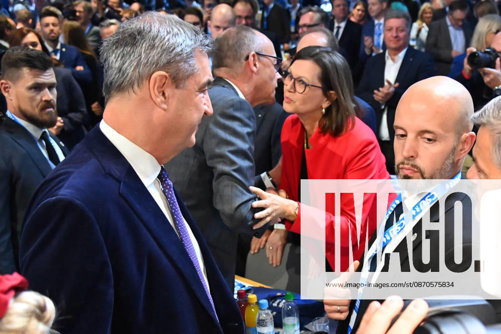 Chancellor Friedrich MERZ welcomes Ilse AIGNER, President of the Bavarian State Parliament, to the 2026 CSU Party Convention on October 23 and 24, 2026, at the Munich Trade Fair Grounds