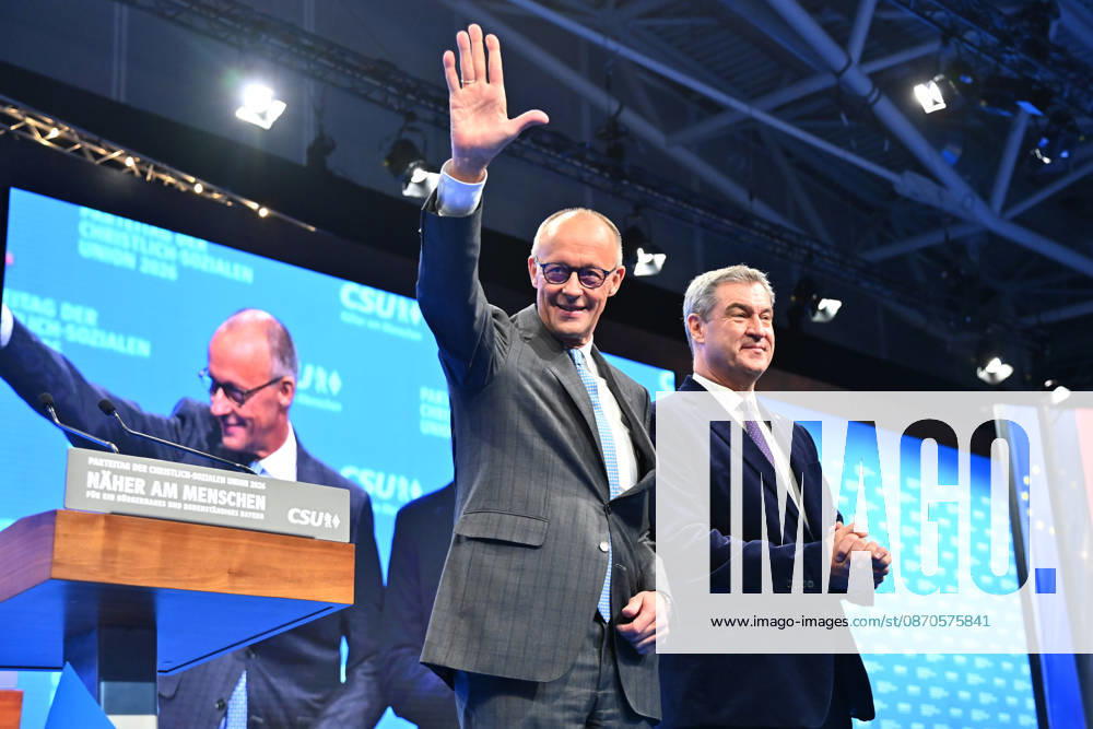 Chancellor Friedrich MERZ and Markus SOEDER, Minister-President of Bavaria and CSU Chairman, on the podium at the 2026 CSU Party Convention on October 23 and 24, 2026, at the Munich Trade Fair Grounds